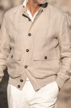 Beige Linen Bomber Jacket – Made In Italy|Pini Parma Discount