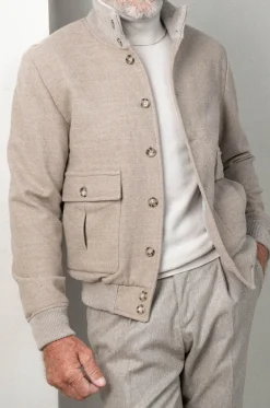 Beige Super 180's Wool Flannel Bomber Jacket – Made In Italy|Pini Parma Cheap