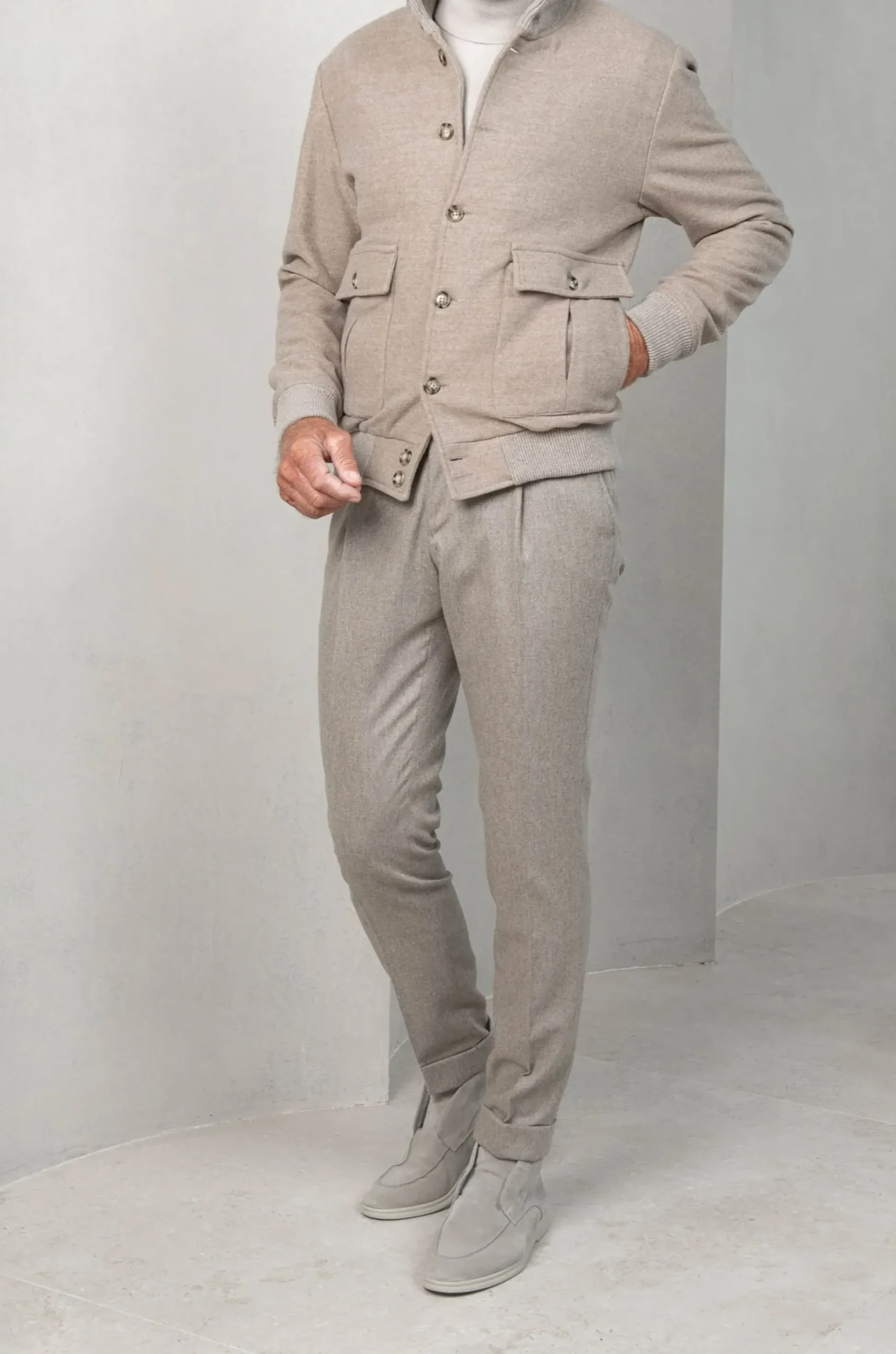 Beige Super 180's Wool Flannel Bomber Jacket – Made In Italy|Pini Parma Cheap