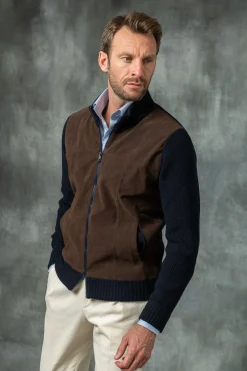 Blue And Brown Cardigan - Alcantara & Wool - Made In Italy|Pini Parma Cheap