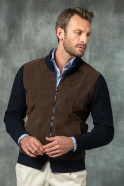 Blue And Brown Cardigan - Alcantara & Wool - Made In Italy|Pini Parma Cheap