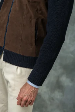 Blue And Brown Cardigan - Alcantara & Wool - Made In Italy|Pini Parma Cheap