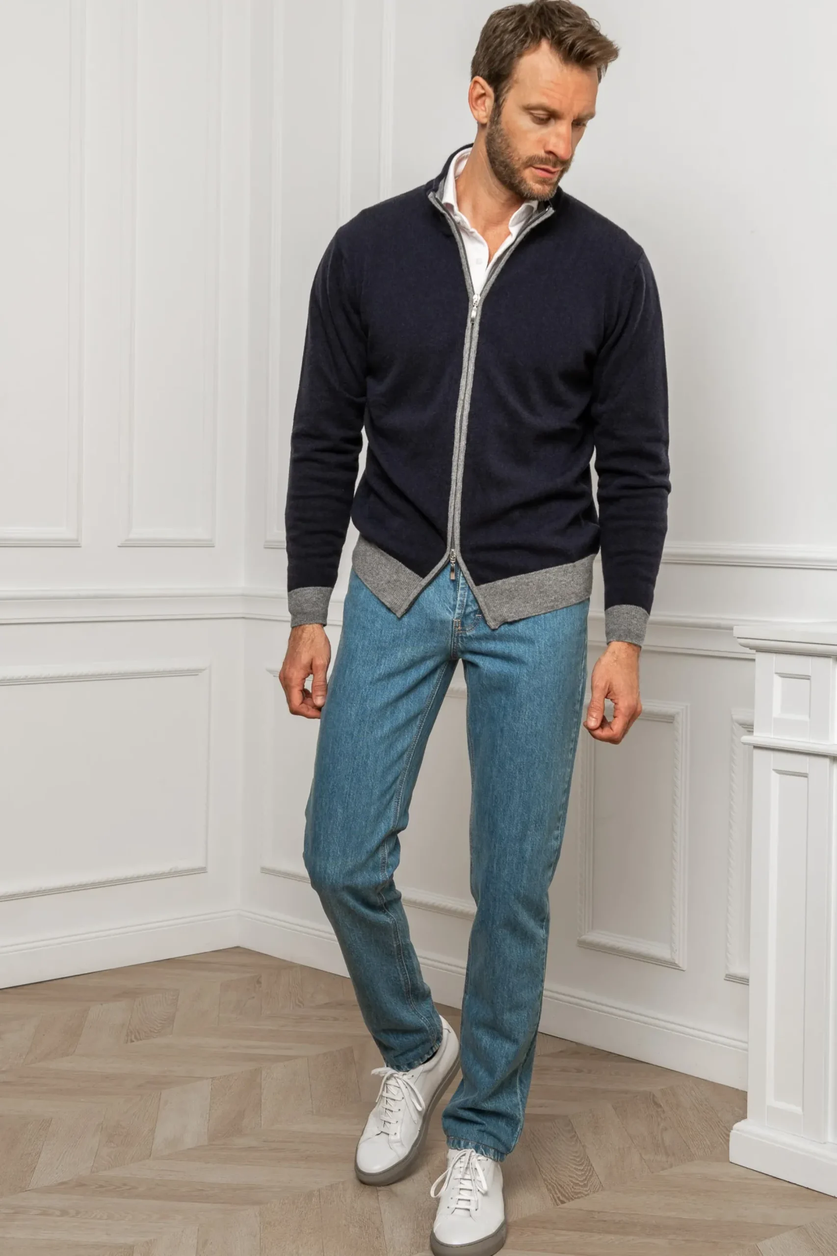 Blue And Grey Full Zip Cardigan – Made In Italy|Pini Parma Flash Sale