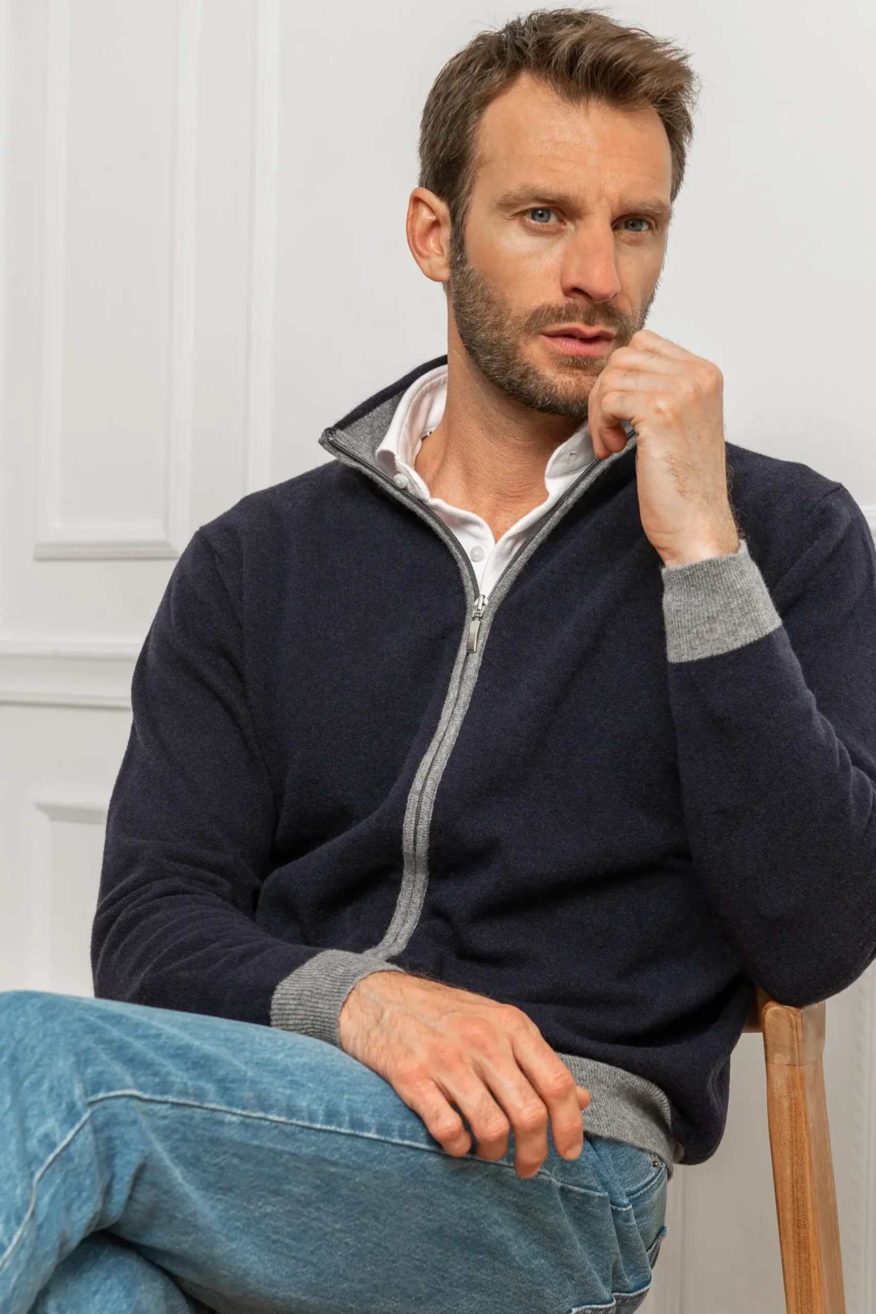 Blue And Grey Full Zip Cardigan – Made In Italy|Pini Parma Flash Sale