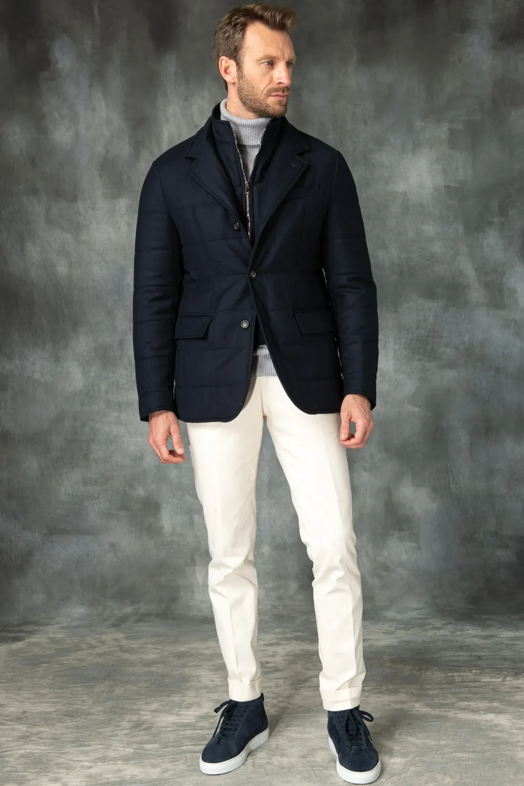 Blue Down Jacket In Loro Piana Wool With Rain System®– Made In Italy|Pini Parma Online