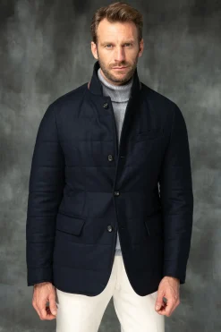 Blue Down Jacket In Loro Piana Wool With Rain System®– Made In Italy|Pini Parma Online