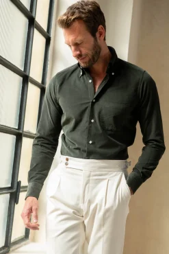 Green Button Down Velvet Effect Shirt - Made In Italy|Pini Parma Discount