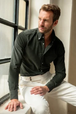 Green Button Down Velvet Effect Shirt - Made In Italy|Pini Parma Discount