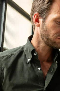 Green Button Down Velvet Effect Shirt - Made In Italy|Pini Parma Discount