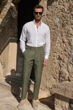Green Linen Trousers "Soragna Capsule Collection" - Made In Italy|Pini Parma Outlet