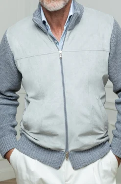 Grey And Light Grey Cardigan - Alcantara & Wool - Made In Italy|Pini Parma Hot