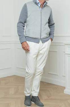 Grey And Light Grey Cardigan - Alcantara & Wool - Made In Italy|Pini Parma Hot