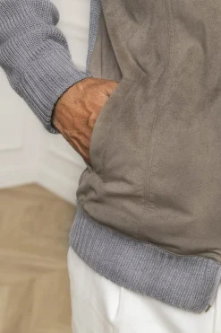 Grey And Taupe Cardigan - Alcantara & Wool - Made In Italy|Pini Parma Fashion