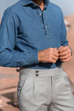 Light Blue Denim Popover Shirt - Made In Italy|Pini Parma Outlet