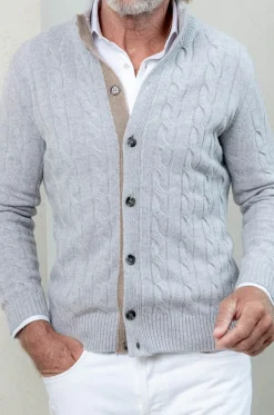 Light Grey Cable Knit Cashmere Blend Cardigan – Made In Italy|Pini Parma Store