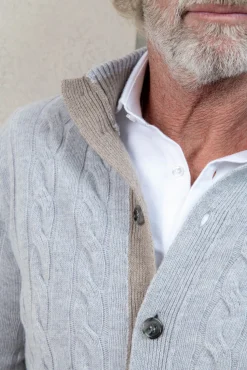 Light Grey Cable Knit Cashmere Blend Cardigan – Made In Italy|Pini Parma Store