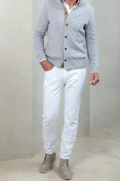 Light Grey Cable Knit Cashmere Blend Cardigan – Made In Italy|Pini Parma Store