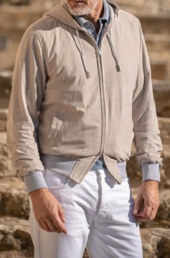 Stone Suede Hooded Bomber Jacket – Made In Italy|Pini Parma Flash Sale