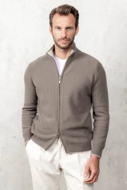 Taupe Honeycomb Cashmere Blend Full Zip – Made In Italy|Pini Parma Clearance