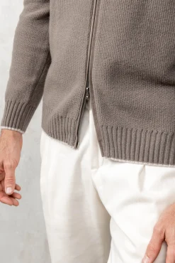 Taupe Honeycomb Cashmere Blend Full Zip – Made In Italy|Pini Parma Clearance