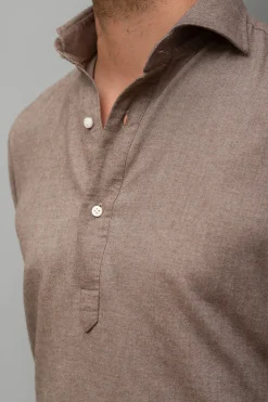 Taupe Popover Shirt - Flannel Touch - Made In Italy|Pini Parma Online