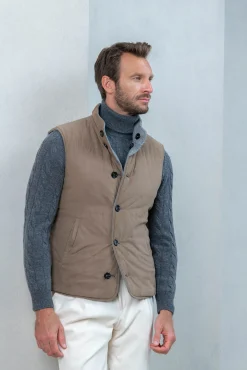 Taupe Reversible Vest In Loro Piana Wool With Rain System®– Made In Italy|Pini Parma New
