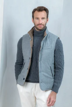 Taupe Reversible Vest In Loro Piana Wool With Rain System®– Made In Italy|Pini Parma New
