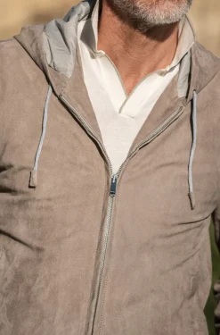 Taupe Suede Hooded Bomber Jacket – Made In Italy|Pini Parma Hot