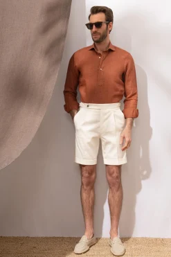 Terracotta Linen Popover Shirt - Made In Italy|Pini Parma Cheap