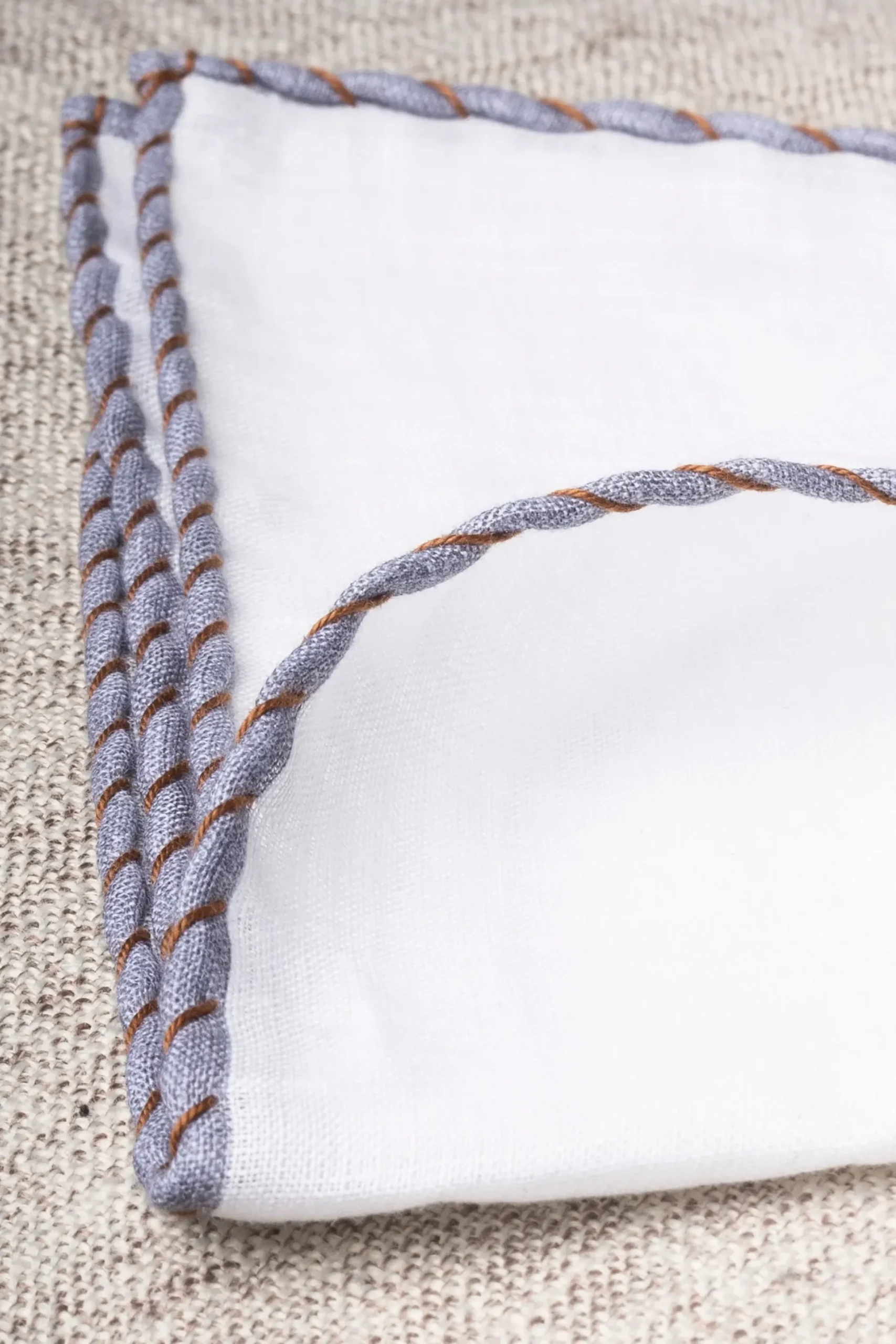 White Linen Pocket Square With Grey And Cognac Edges - Made In Italy|Pini Parma Discount