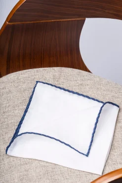 White Linen Pocket Square With Blue And Light Blue Edges - Made In Italy|Pini Parma Shop