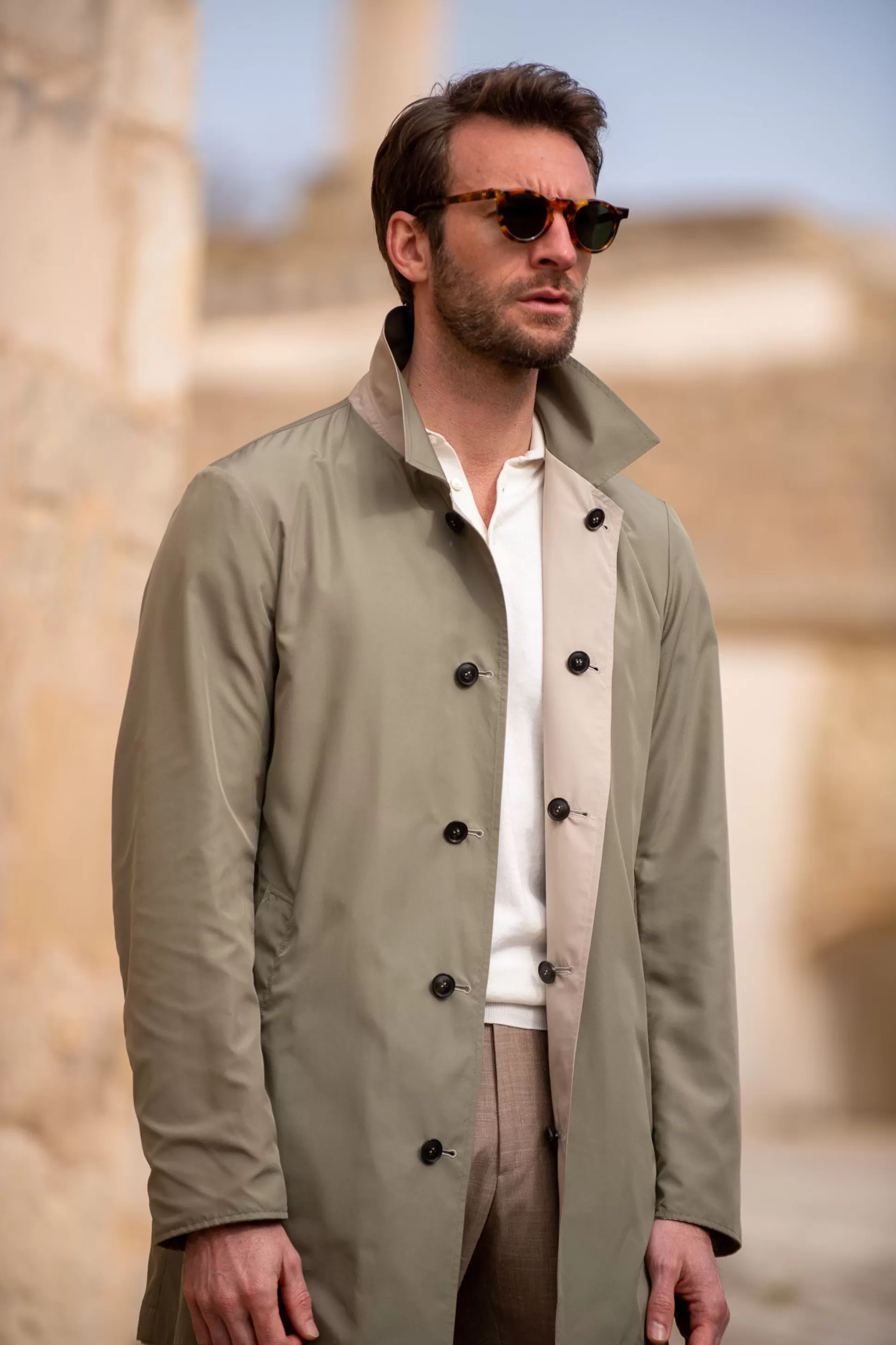 Beige And Green Reversible Raincoat - Made In Italy | Pini Parma Cheap