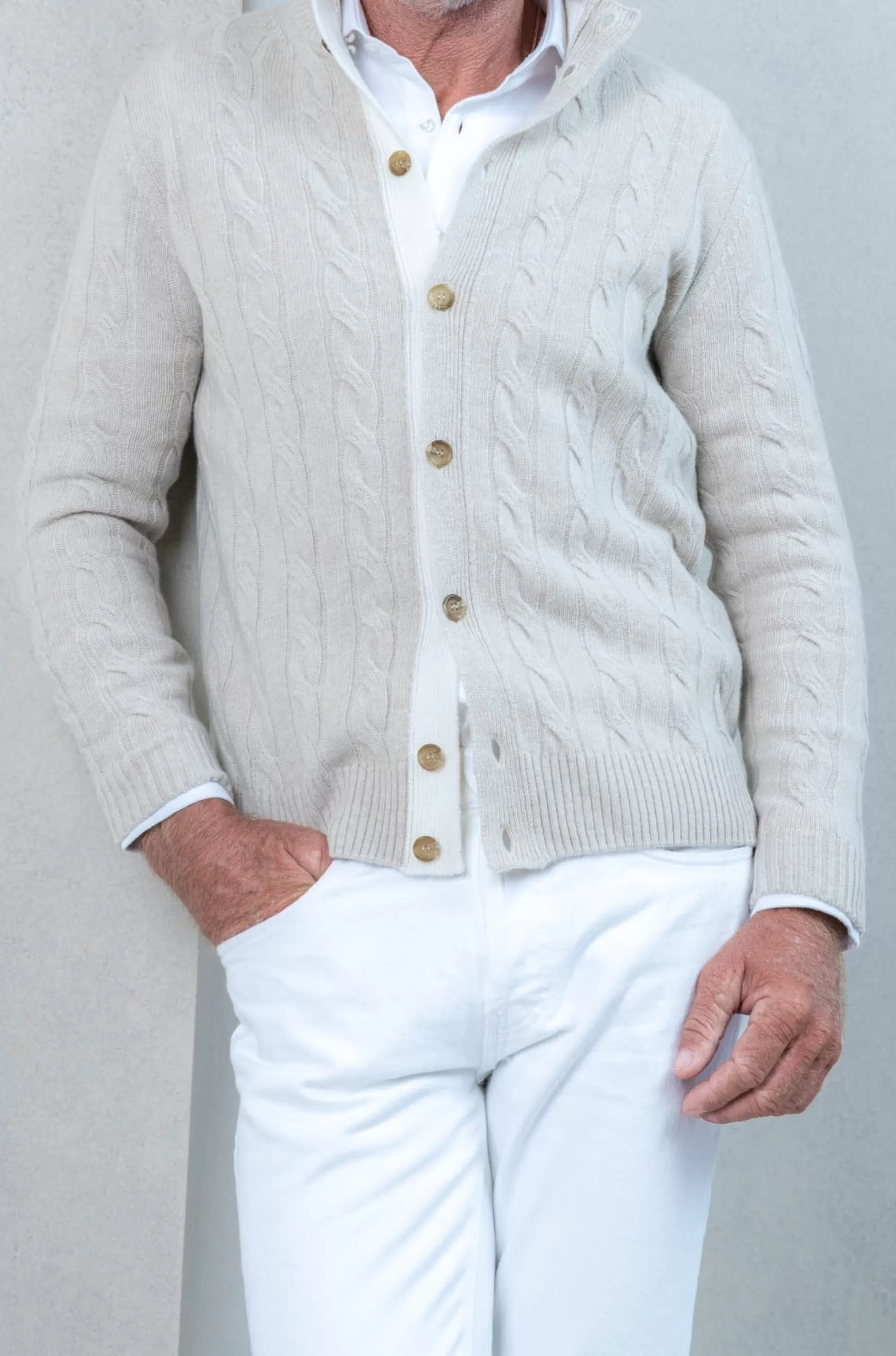 Beige Cable Knit Cashmere Blend Cardigan – Made In Italy | Pini Parma Shop