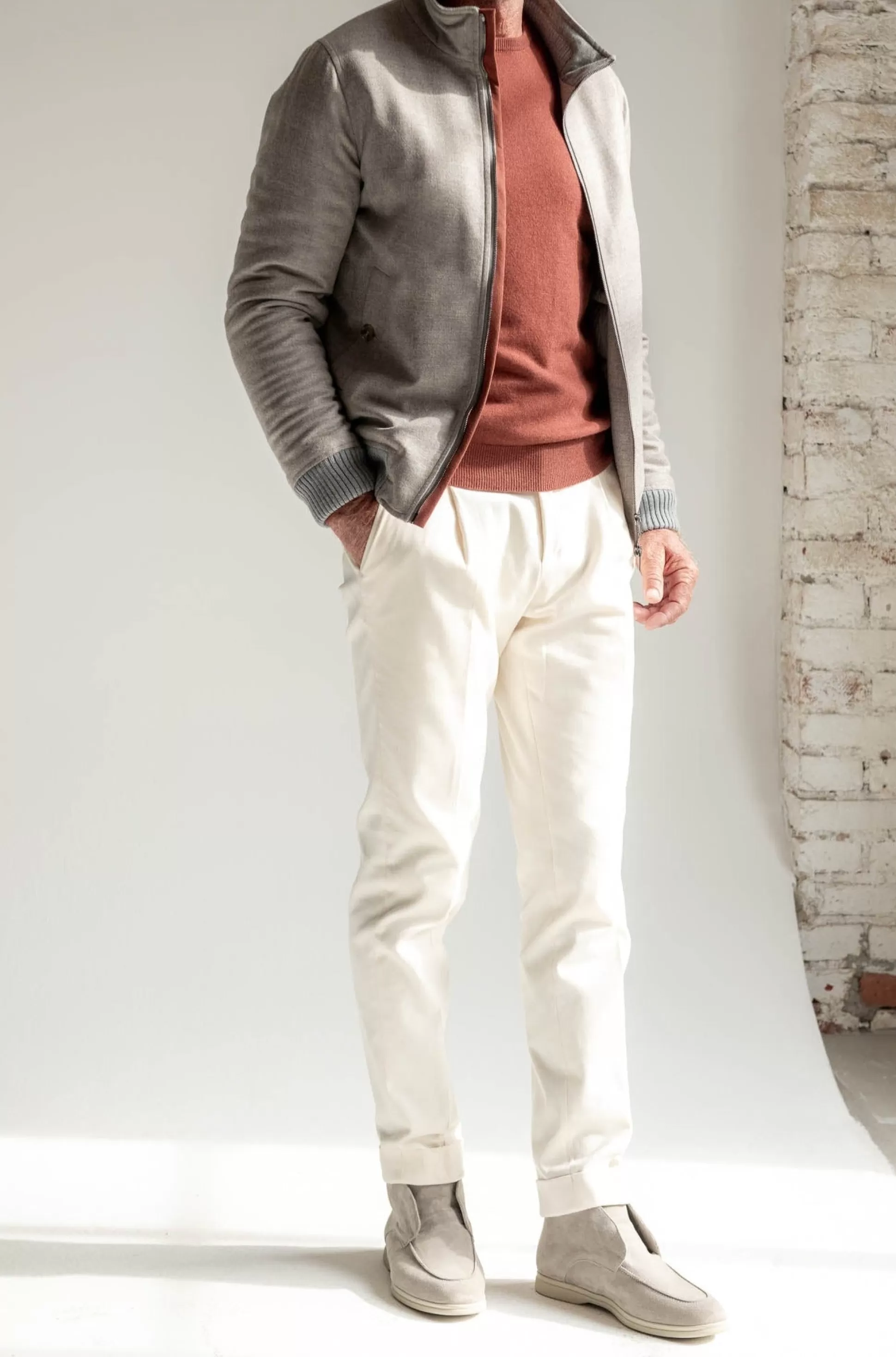 Beige Down Bomber In Loro Piana Wool With Rain System®– Made In Italy | Pini Parma Store