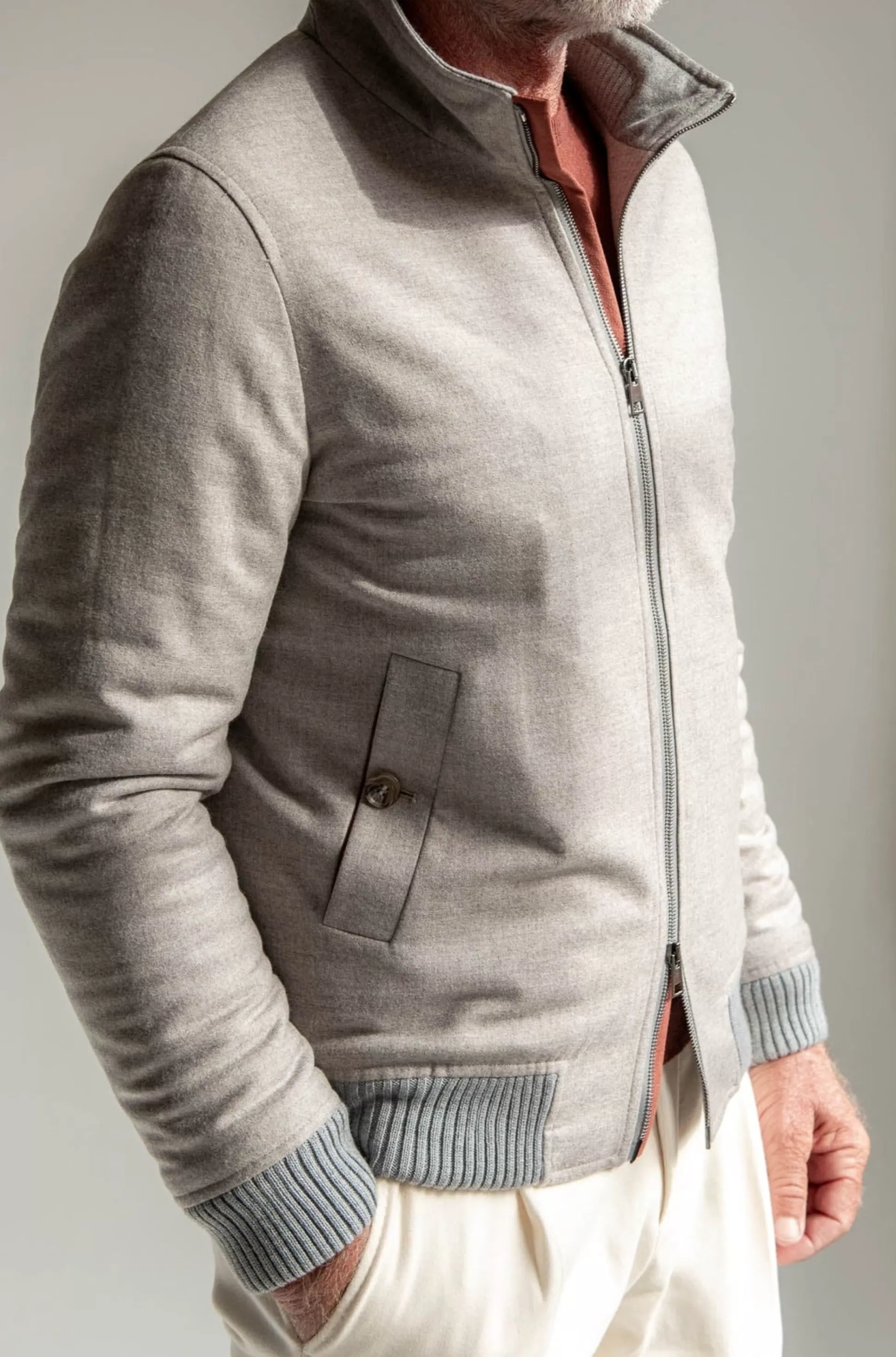 Beige Down Bomber In Loro Piana Wool With Rain System®– Made In Italy | Pini Parma Store