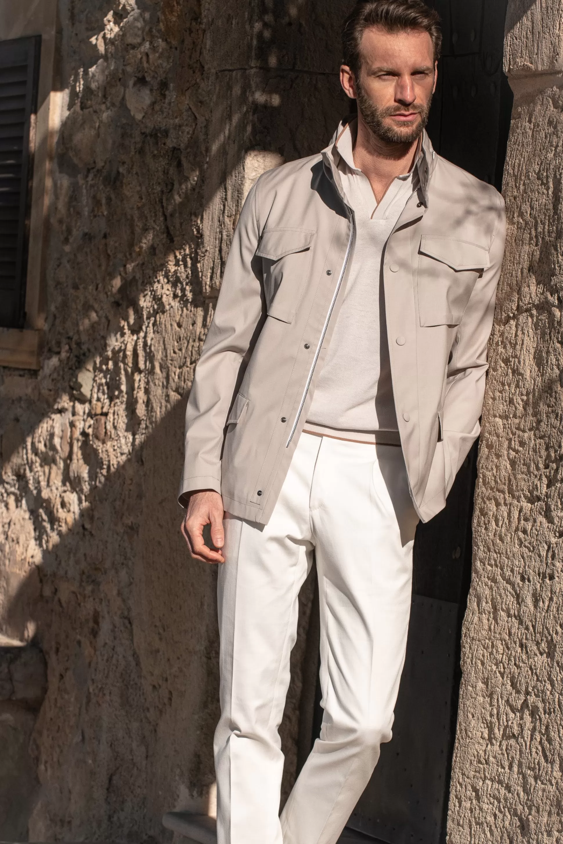 Beige Field Jacket In Loro Piana Green Storm System® Wool - Made In Italy | Pini Parma New