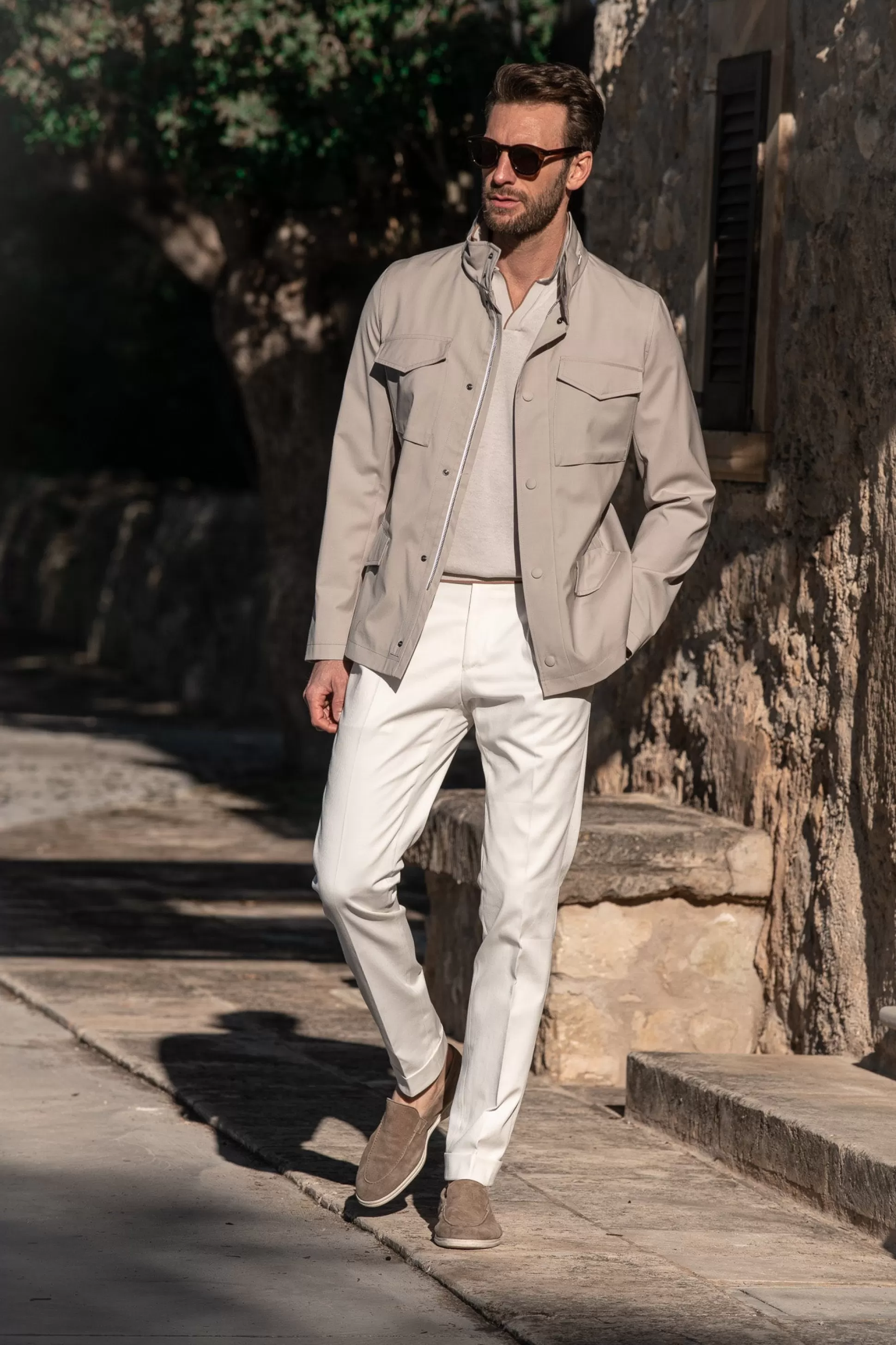 Beige Field Jacket In Loro Piana Green Storm System® Wool - Made In Italy | Pini Parma New