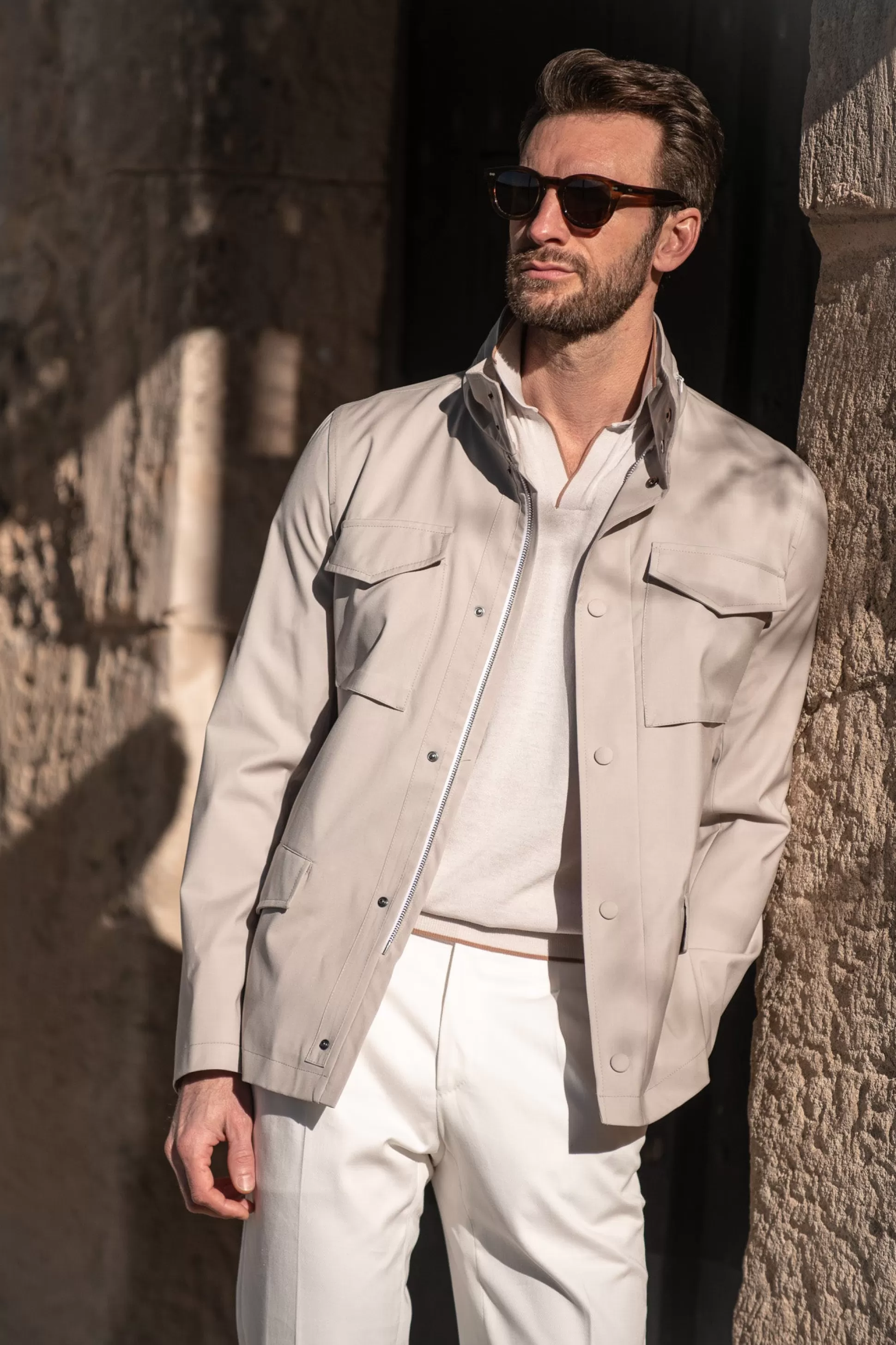 Beige Field Jacket In Loro Piana Green Storm System® Wool - Made In Italy | Pini Parma New