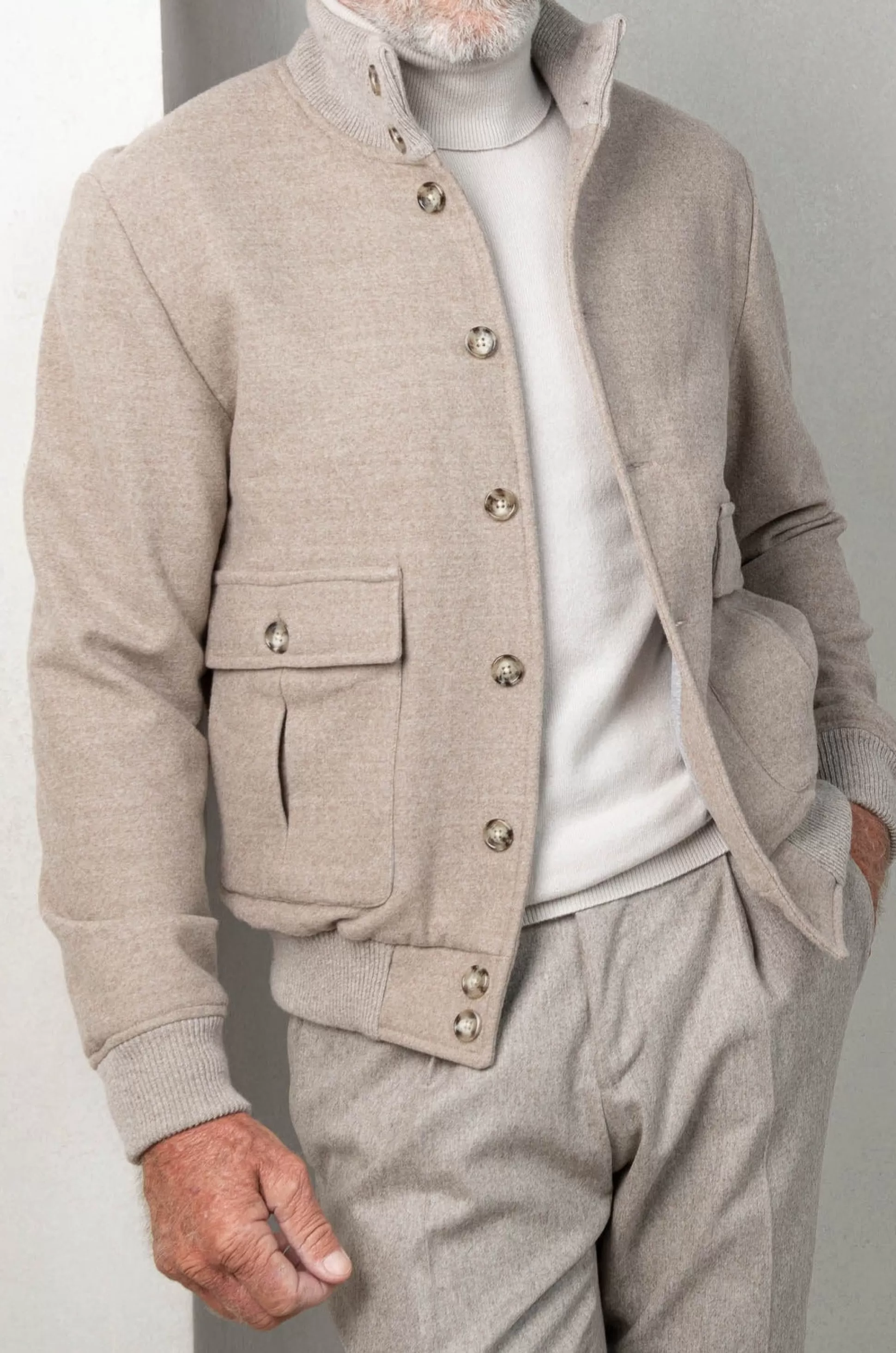 Beige Super 180's Wool Flannel Bomber Jacket – Made In Italy | Pini Parma Cheap