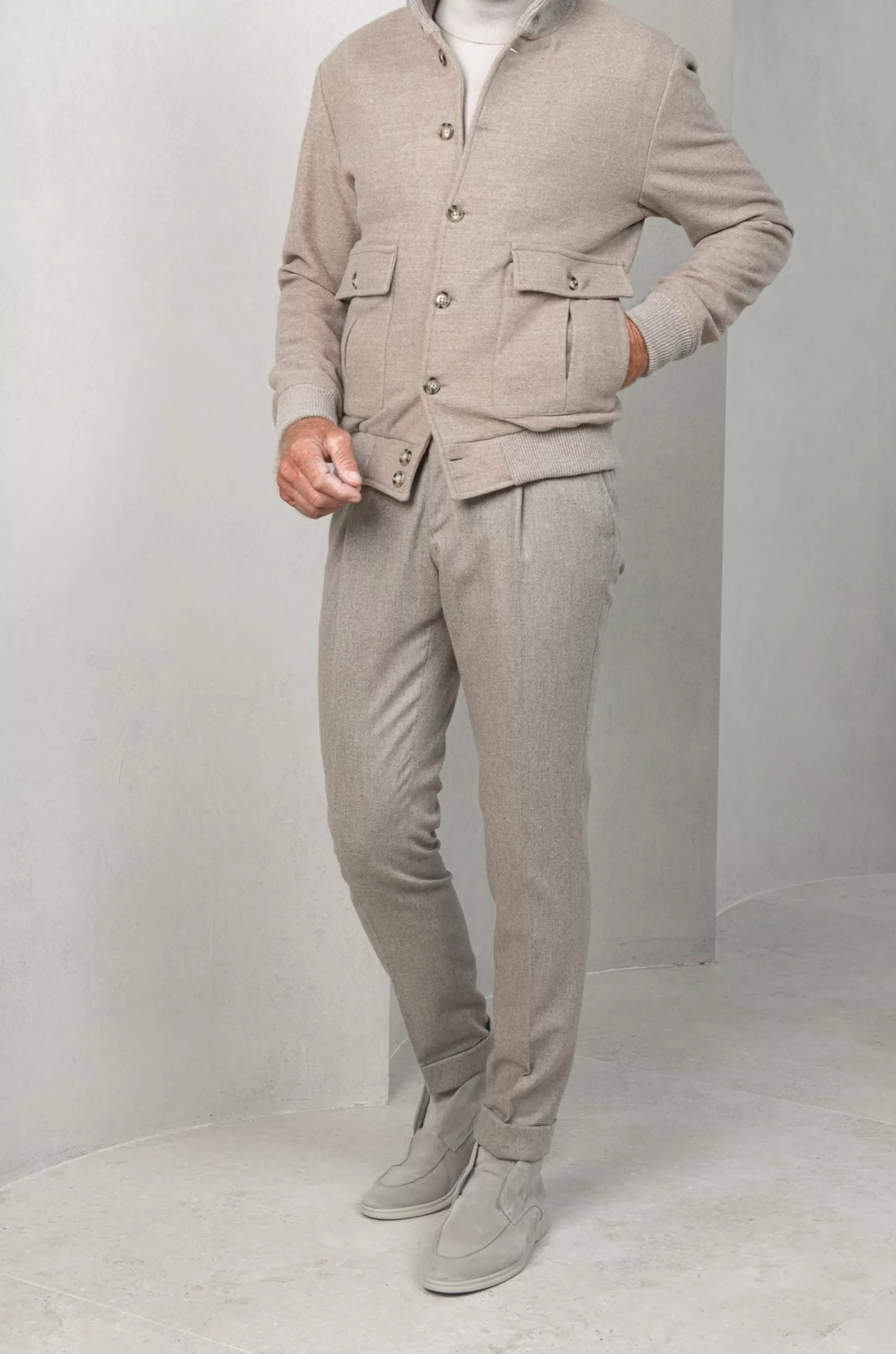 Beige Super 180's Wool Flannel Bomber Jacket – Made In Italy | Pini Parma Cheap