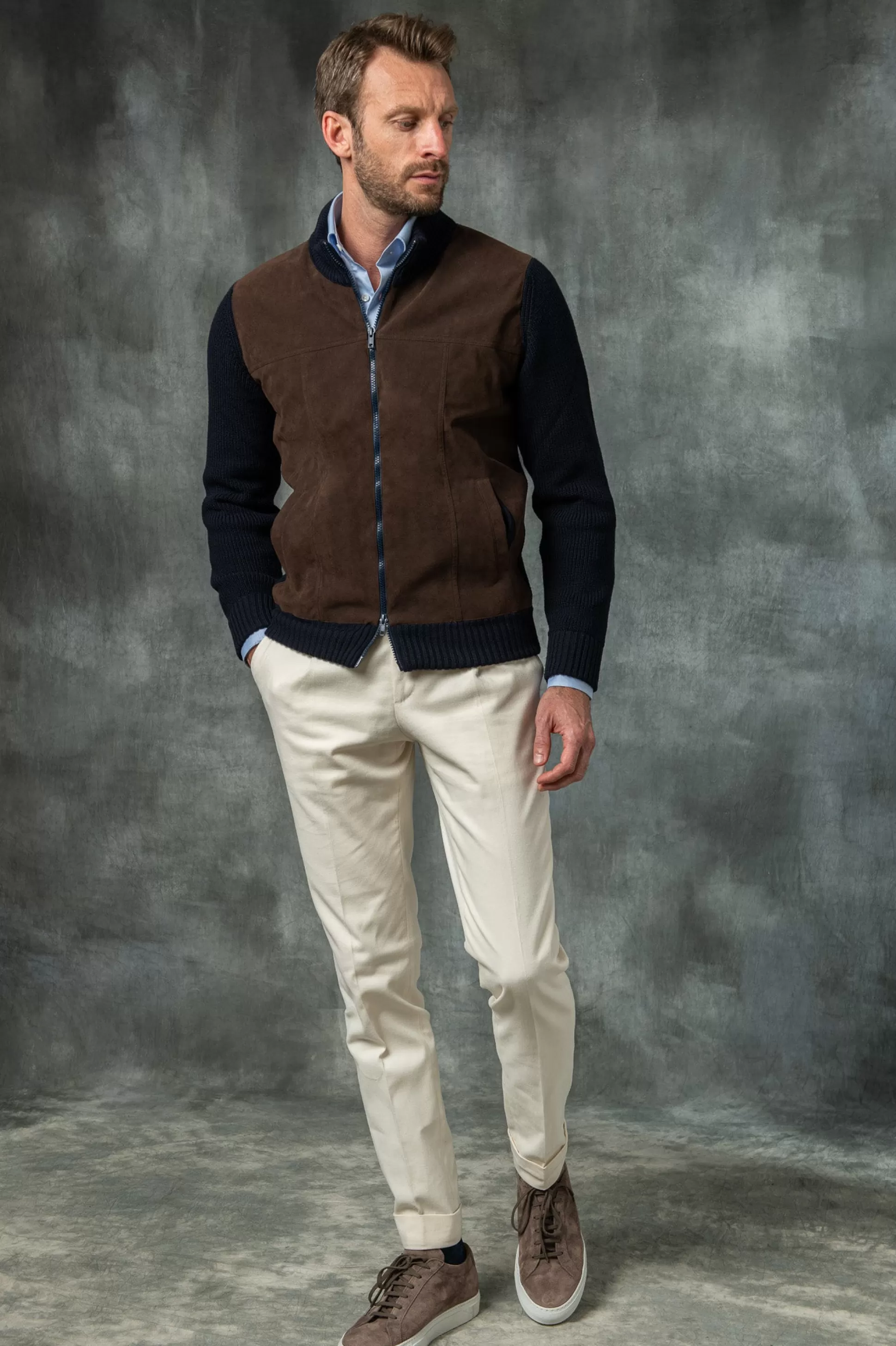 Blue And Brown Cardigan - Alcantara & Wool - Made In Italy | Pini Parma Cheap