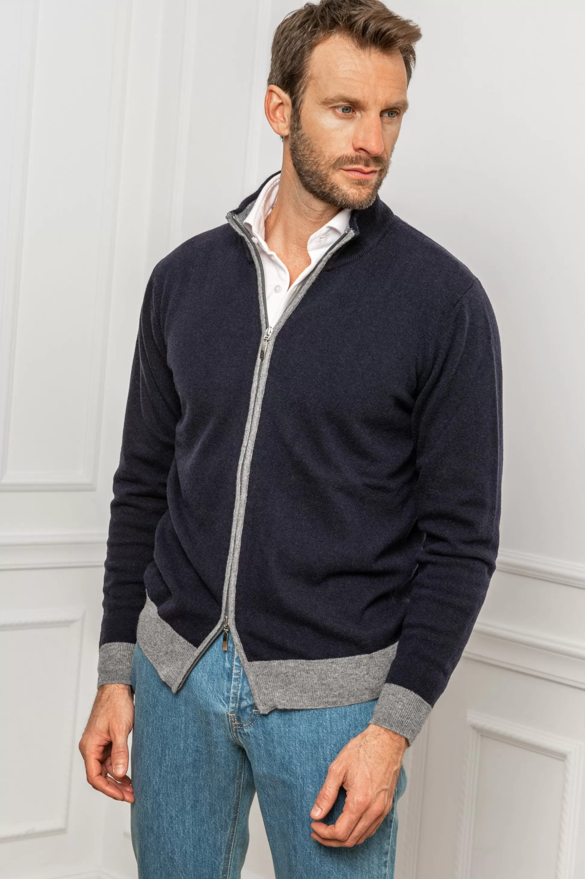 Blue And Grey Full Zip Cardigan – Made In Italy | Pini Parma Flash Sale