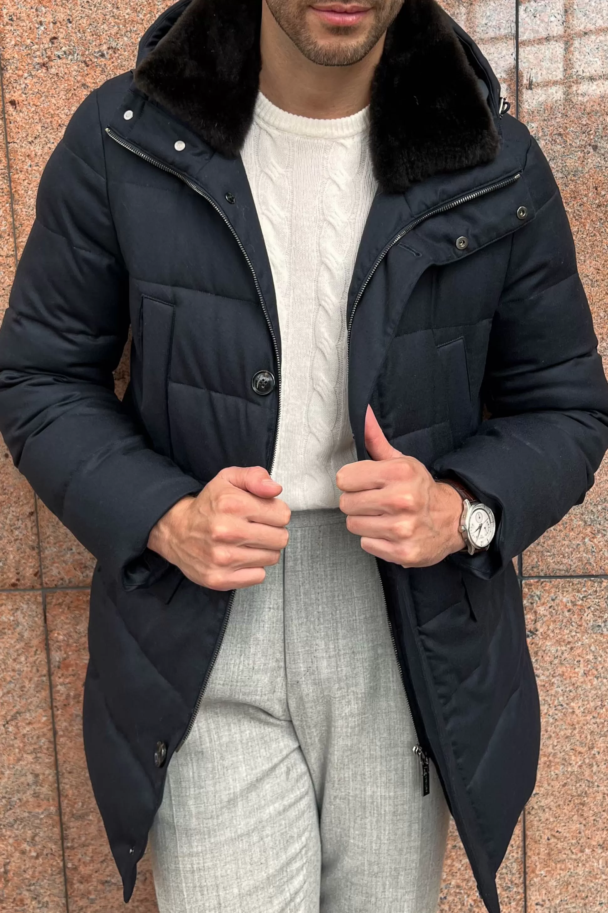 Blue Down Coat With Removable Shearling Collar – Made In Italy | Pini Parma Discount