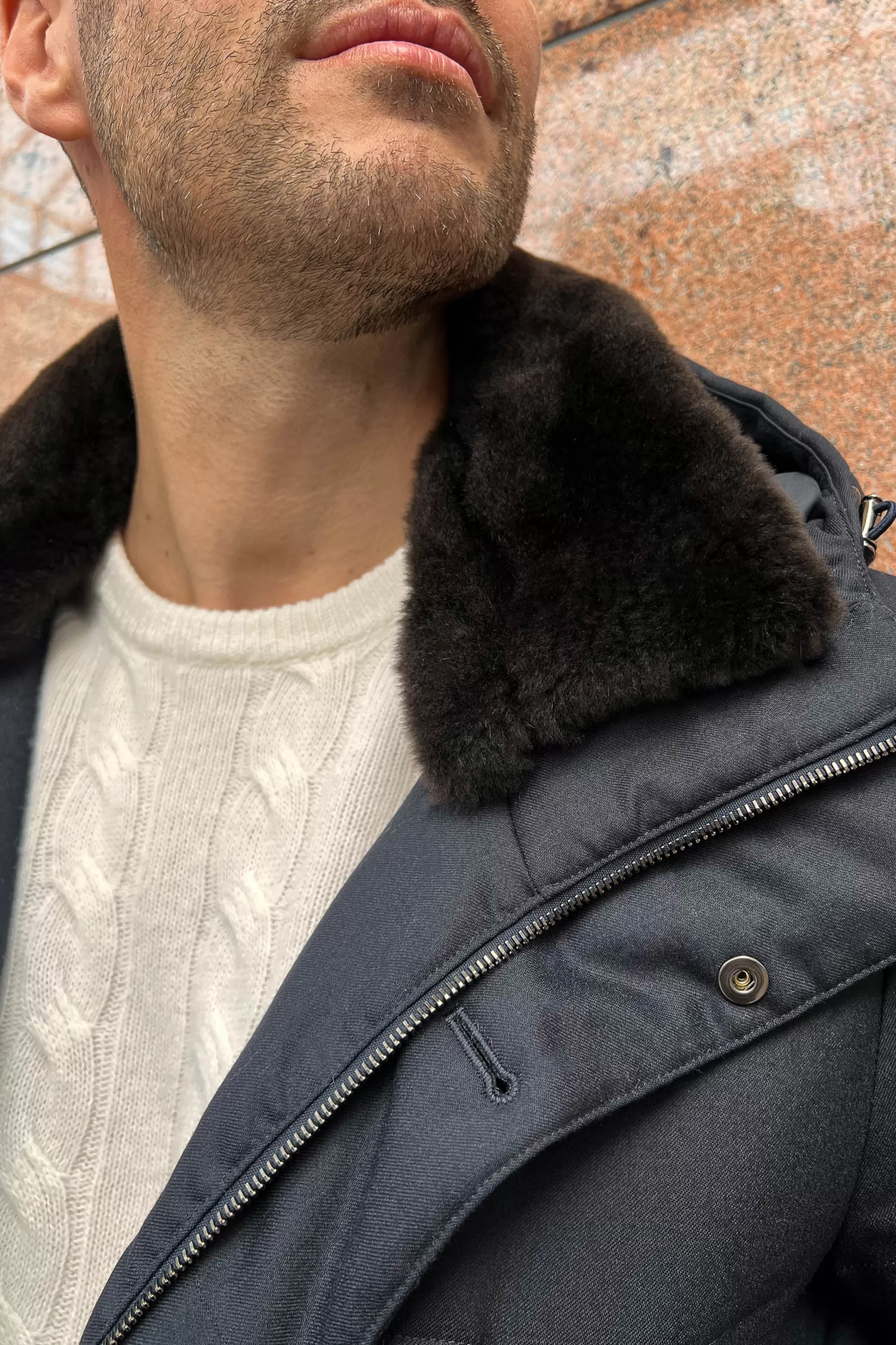Blue Down Coat With Removable Shearling Collar – Made In Italy | Pini Parma Discount