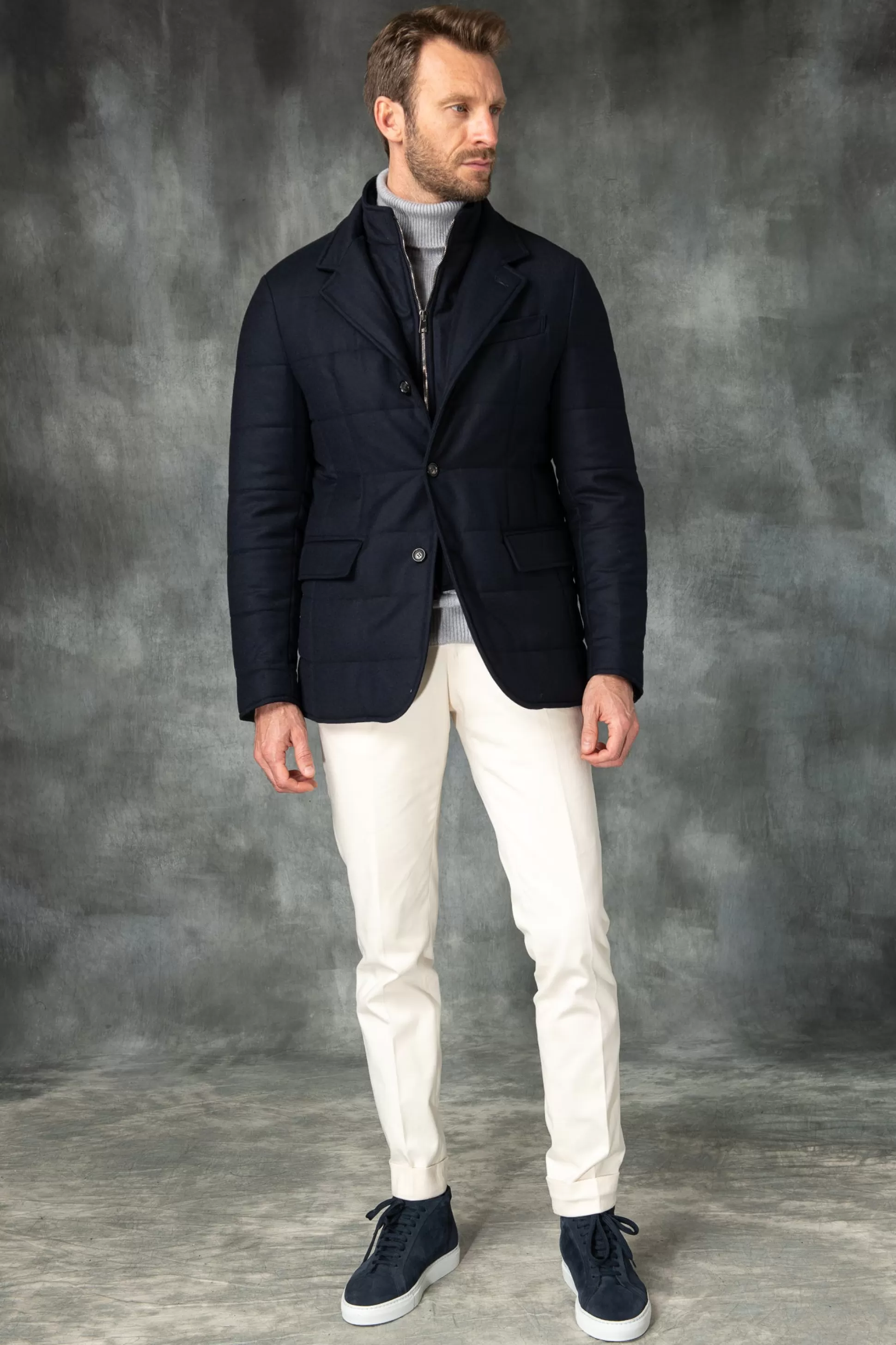 Blue Down Jacket In Loro Piana Wool With Rain System®– Made In Italy | Pini Parma Online