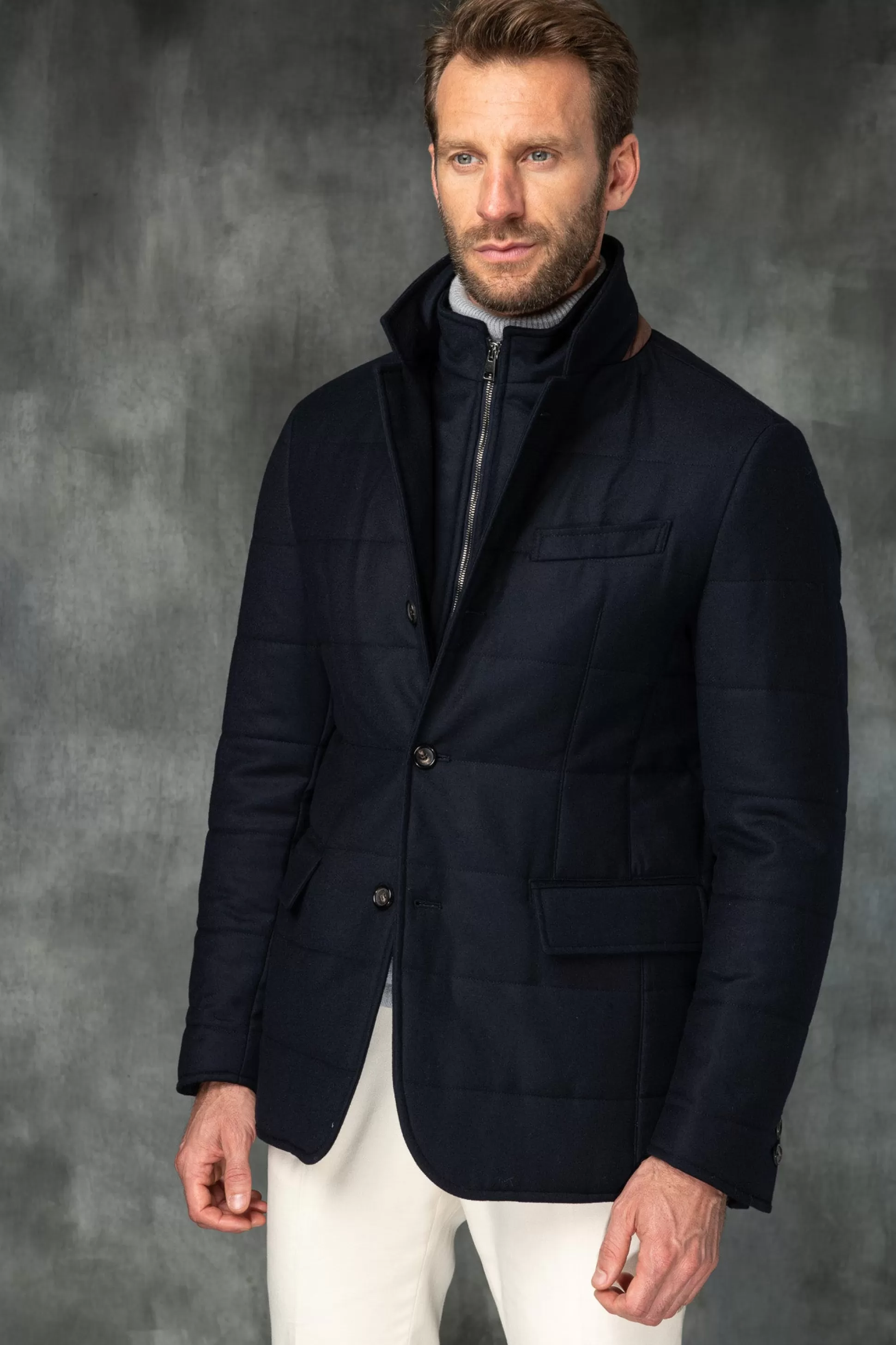 Blue Down Jacket In Loro Piana Wool With Rain System®– Made In Italy | Pini Parma Online
