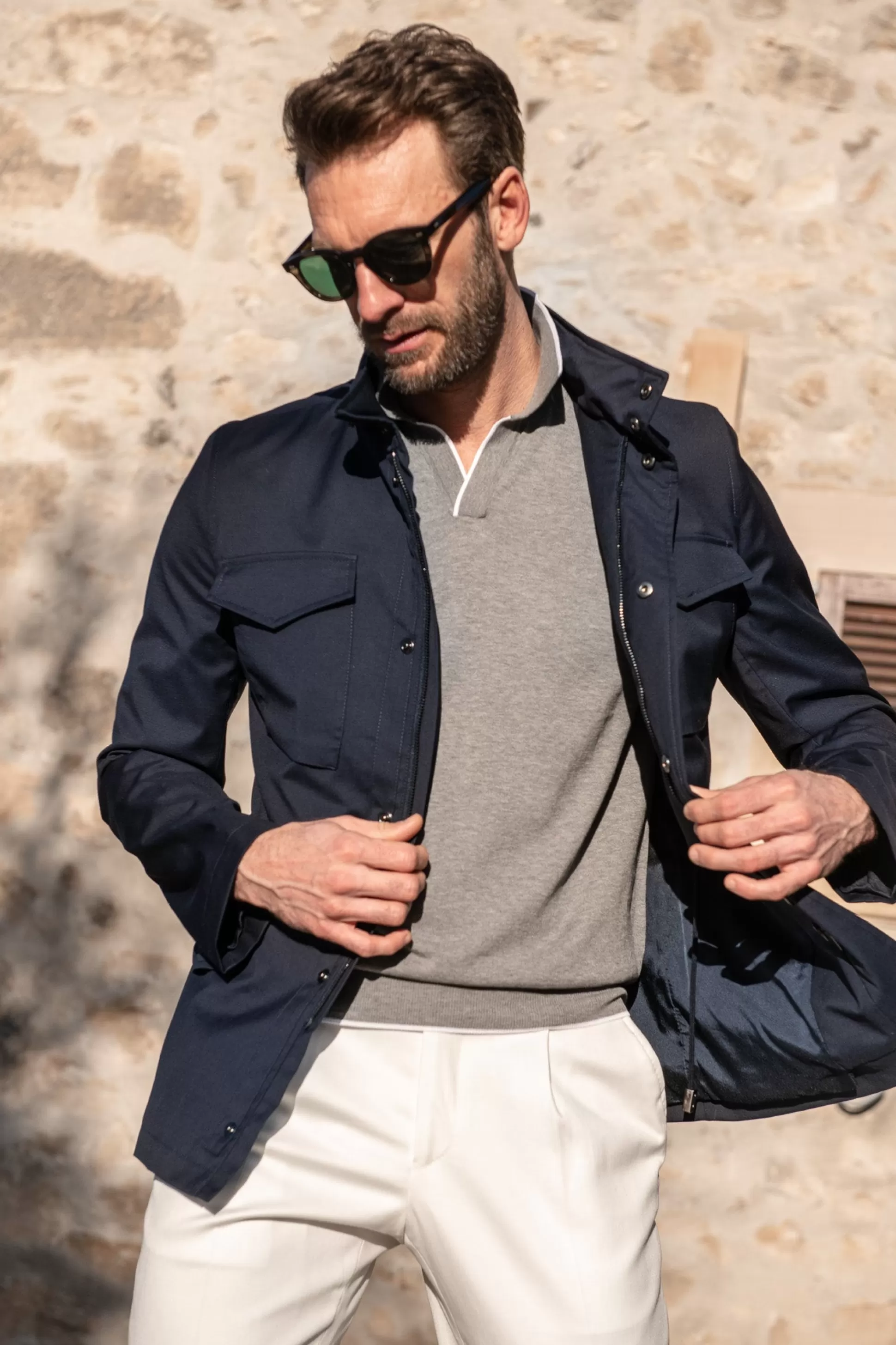 Blue Field Jacket In Loro Piana Green Storm System® Wool - Made In Italy | Pini Parma Cheap