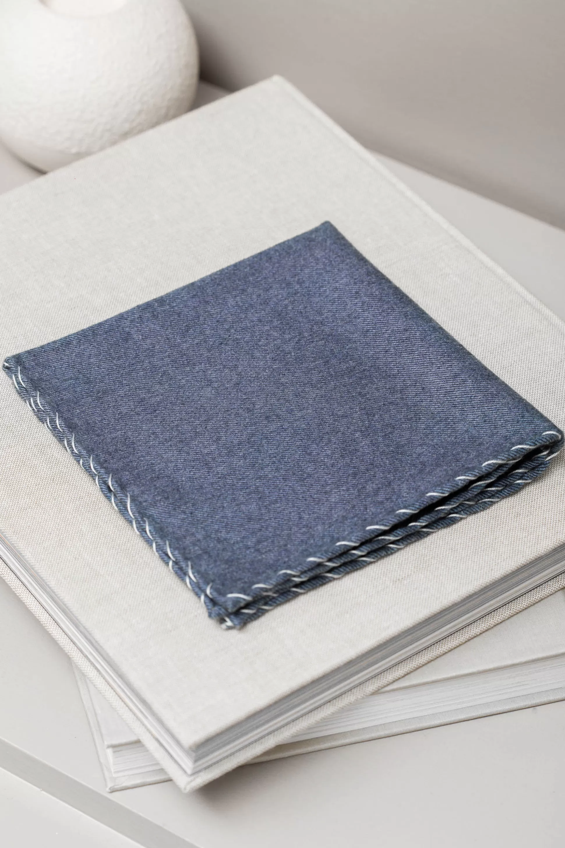 Blue Flannel Cotton Pocket Square With White Edges - Made In Italy | Pini Parma New