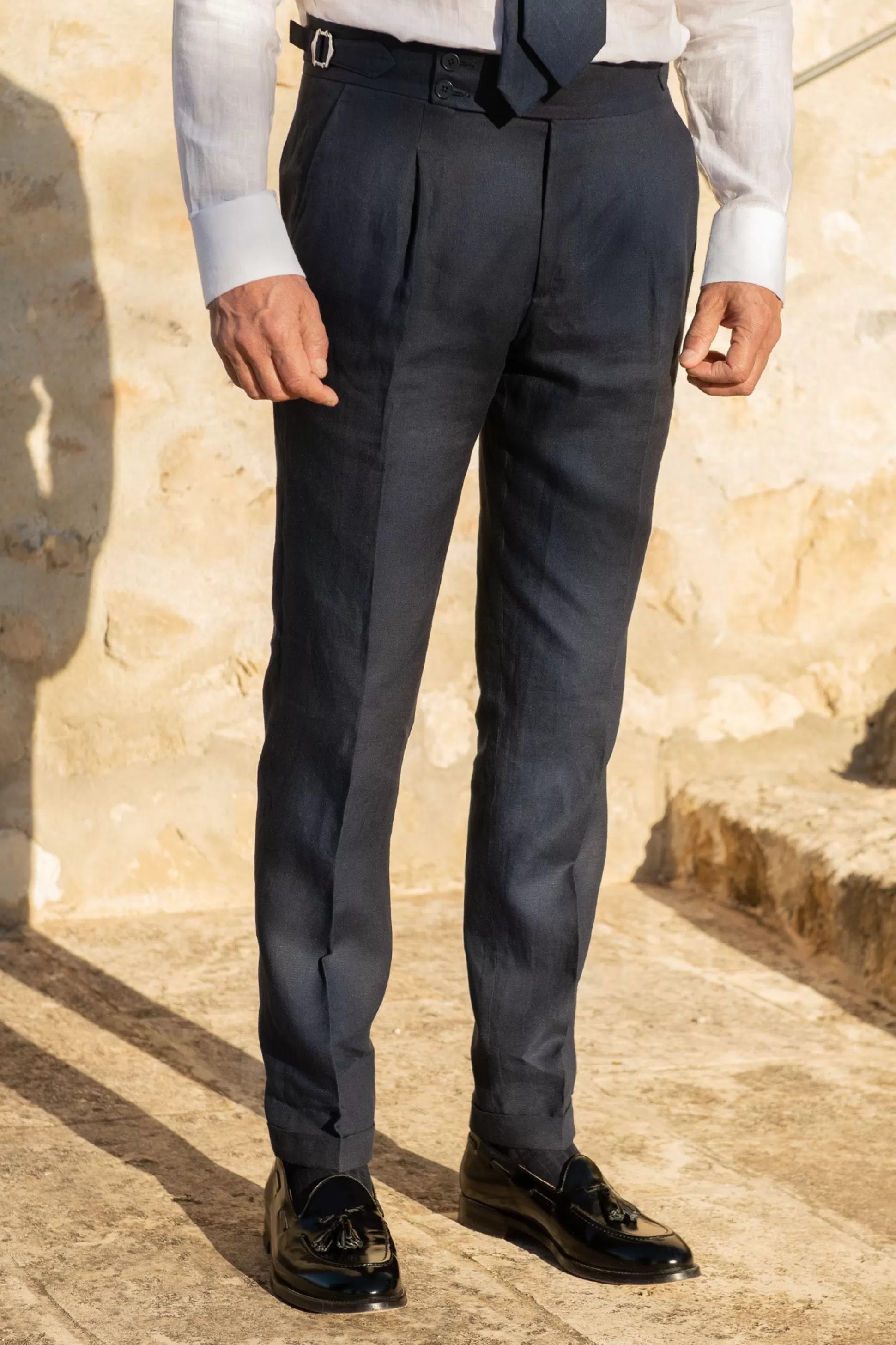 Blue Linen Trousers "Soragna Capsule Collection" - Made In Italy | Pini Parma Discount