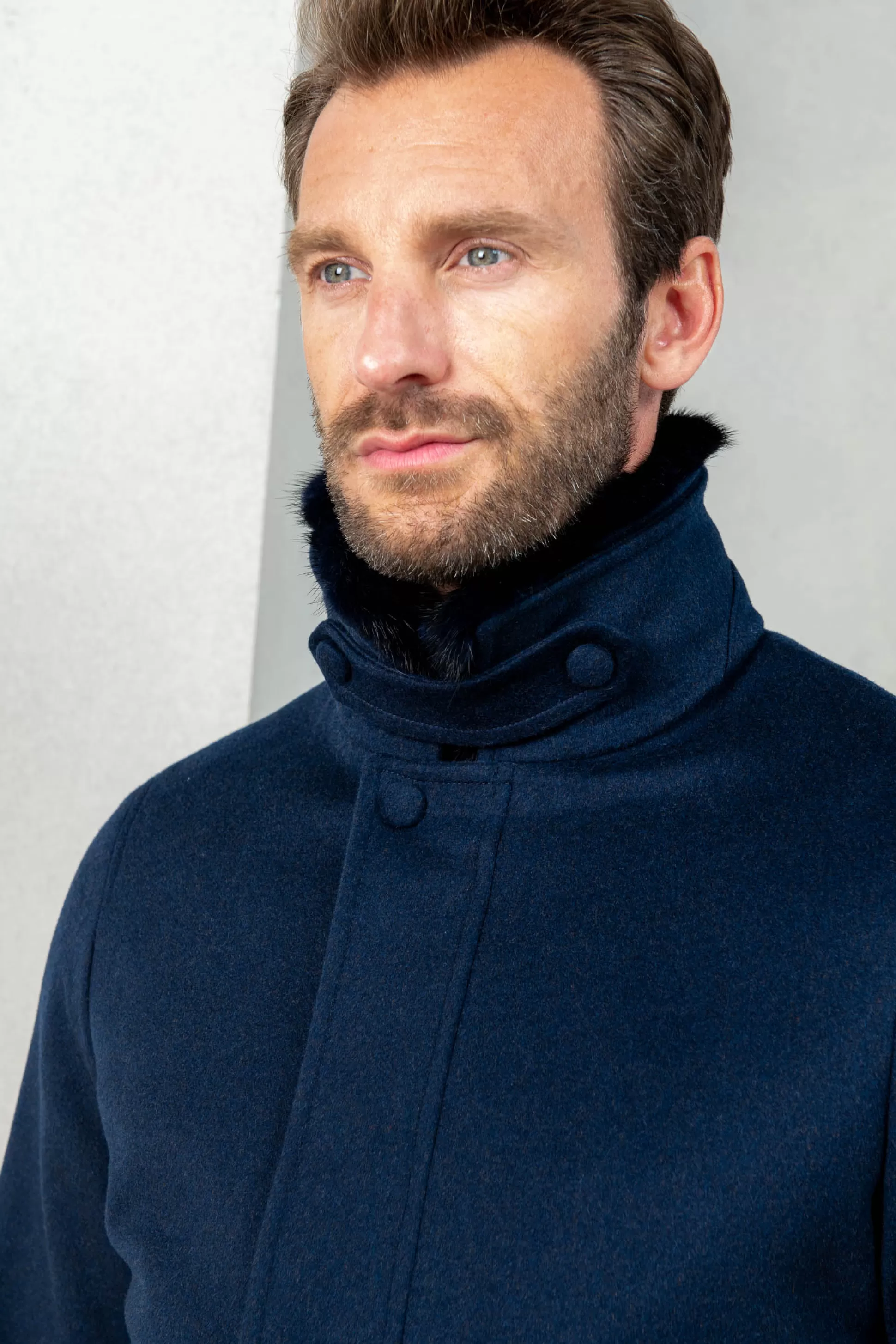 Blue Short Coat With Removable Shearling Collar – Made In Italy | Pini Parma Store